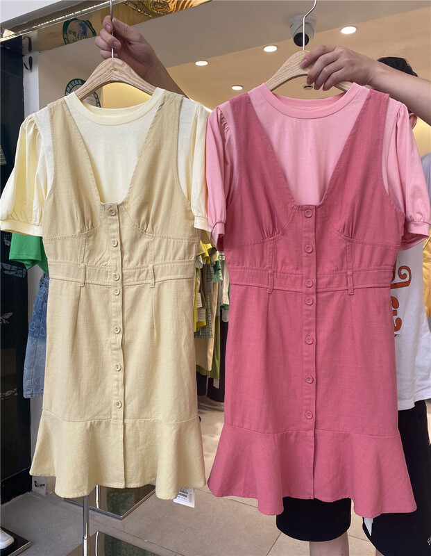 [Boran buran] solid color T-shirt + fishtail waist strap skirt set 2003# LSW