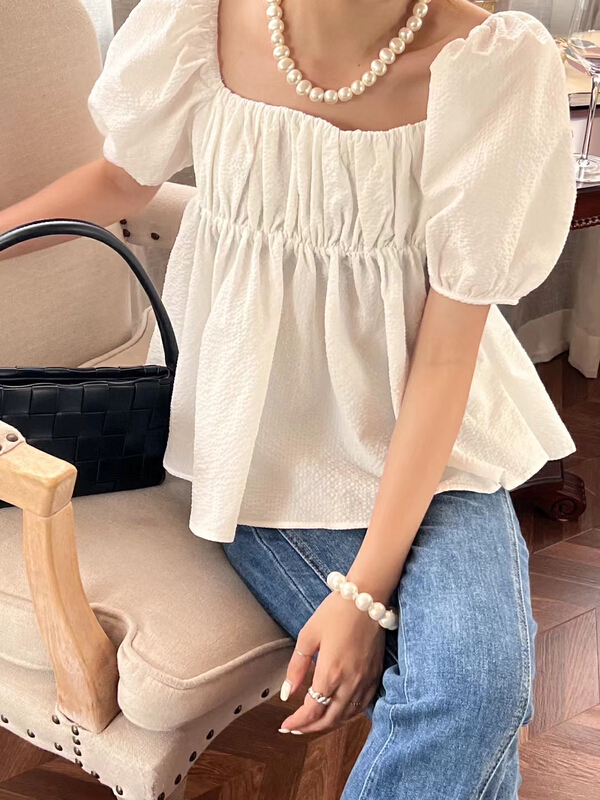 goods in stock! New in early summer! [AA studio] French style square neck bubble sleeve T-shirt (only selling t-shirts) 5665# WPL