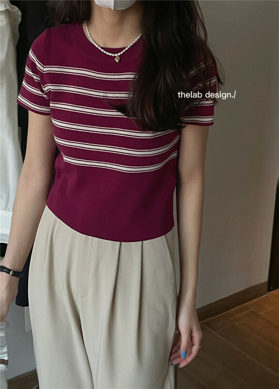 goods in stock! [the lab] Korean stripe short sleeve sweater 2114# zxx