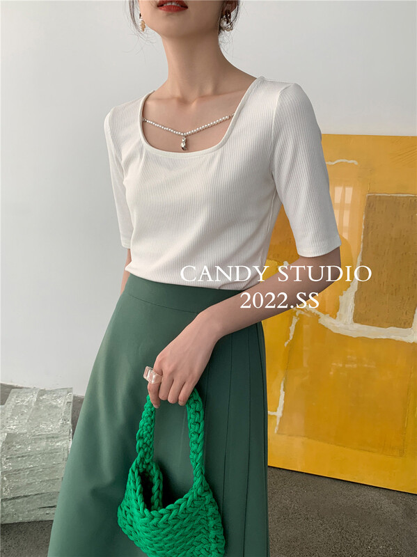 [candy] simple solid color slim fit square neck short shirt (with detachable chain) a3115# ZSY