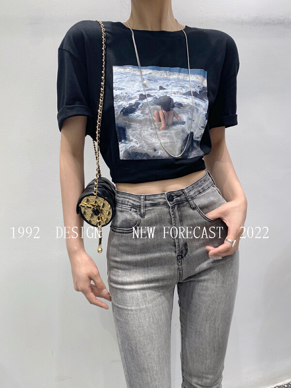 [1992] Korean ocean print versatile short sleeve T-shirt 3795# L