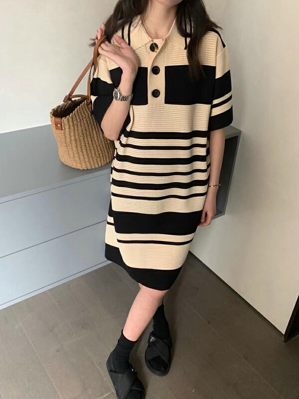 [Gu Wan] color blocking Stripe Polo embroidery dress 5626# zxx