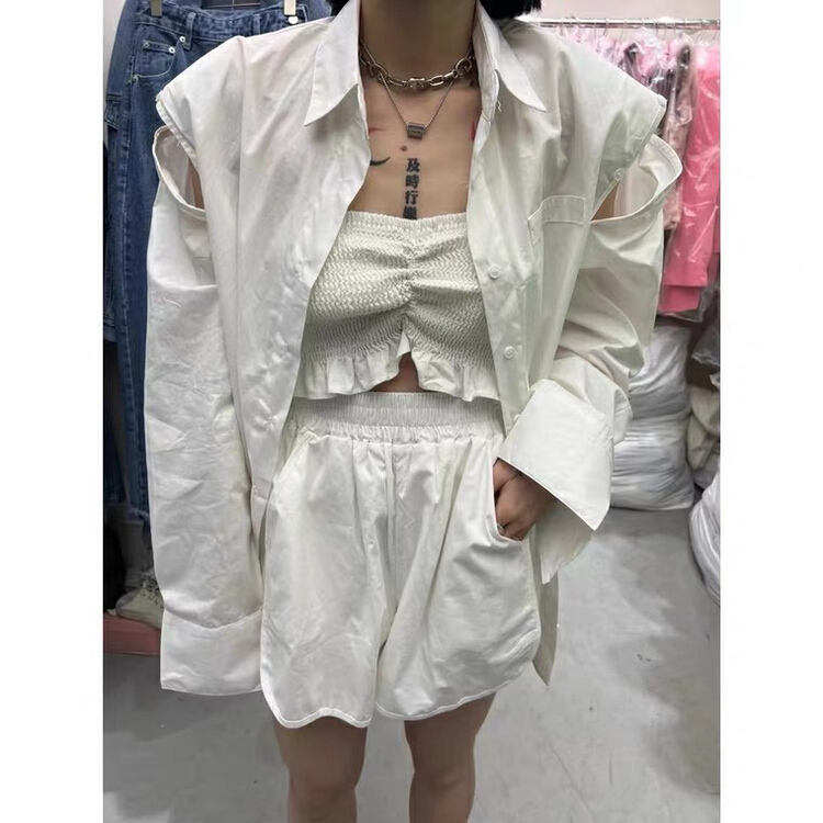[c.h.z] simple cut sleeve shirt + high waist rubber band slim casual Shorts Set 907# WTT