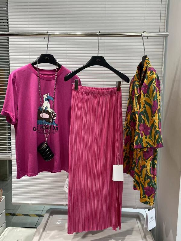 [ov] Korean slim solid color elastic waist pleated skirt 5300# zxl