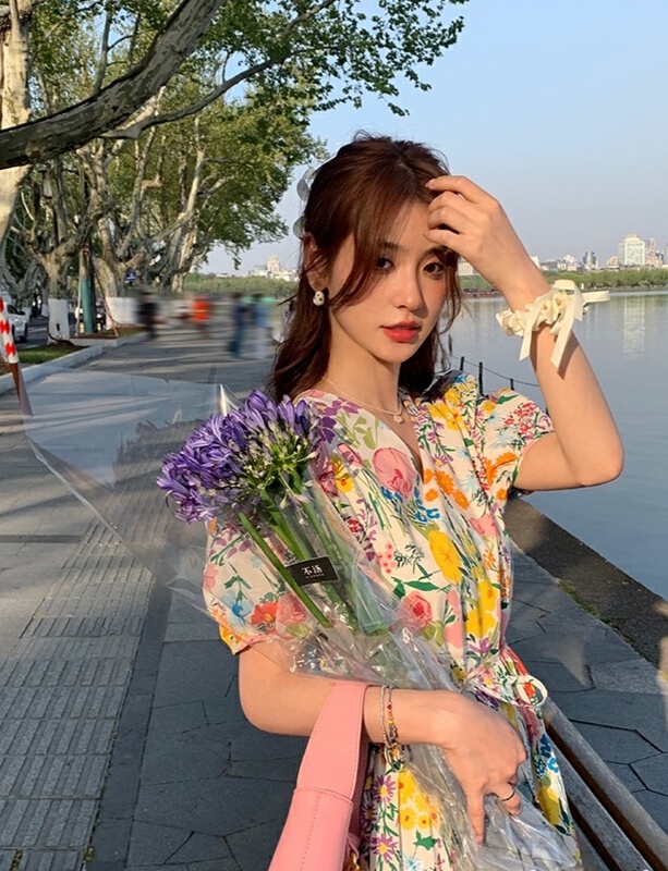 [kakajia] flower Korean lace up V-neck floral dress 2103# ozq