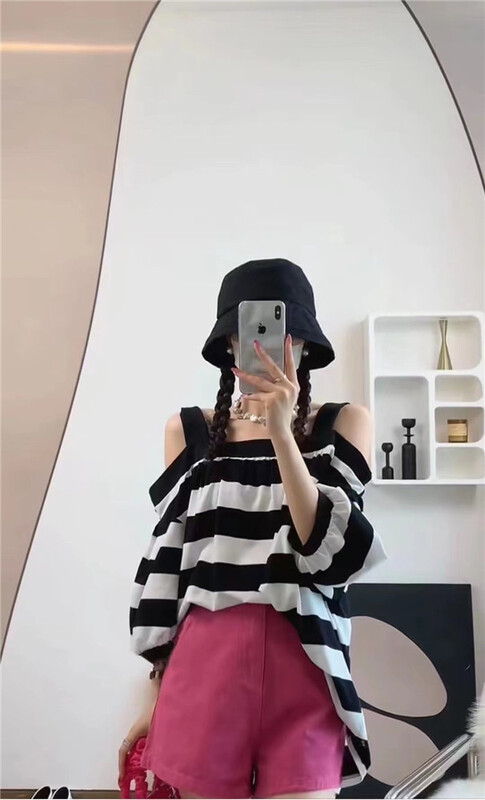 [Jerry house jelly house] Korean casual stripe off shoulder shirt 7088# HBx