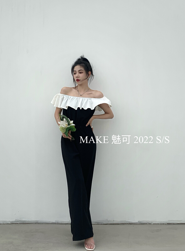 [make Meike] simple temperament net color flounced one-piece pants 50081# XJ