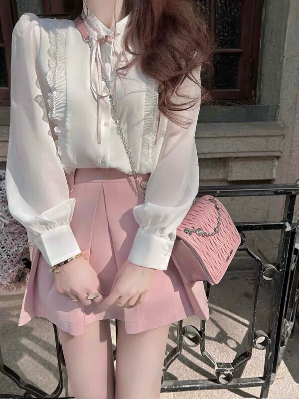 goods in stock! New year in early spring! [Huaxi] fashion lace up shirt + gentle skirt pants suit 8603# PCZ