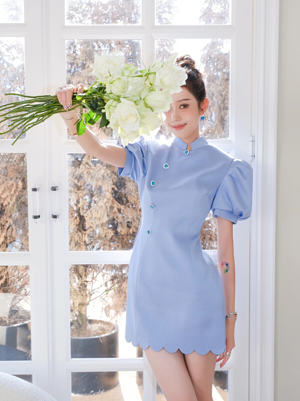 New in early summer! [ala] Chinese blue stand collar dress l1390# JJ