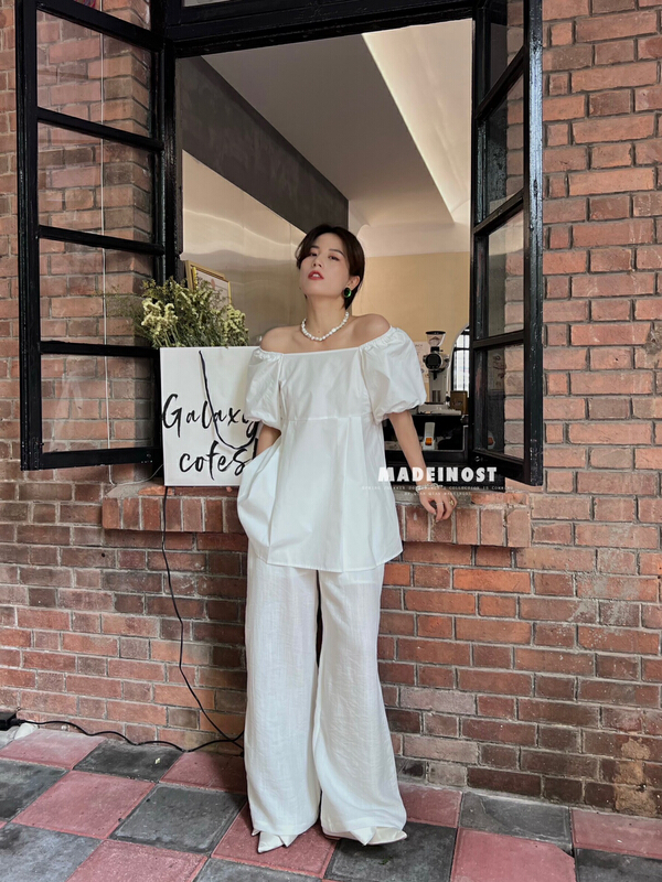 [OSHA madeinost] solid color loose two wear bubble sleeve medium length small shirt 86309# ll