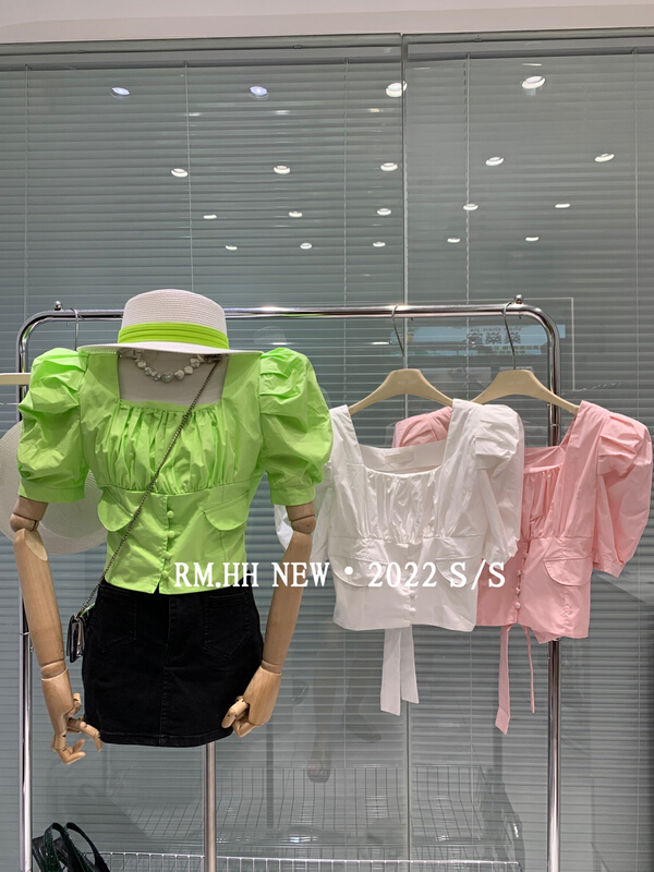 New in early summer! [RM. HH] square neck bubble sleeve solid color blouse 2008# PCZ