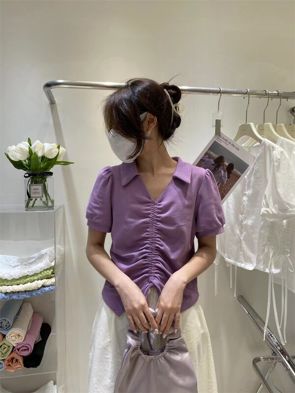 [Lina] V-neck pleated comfortable shirt 8913# zxx