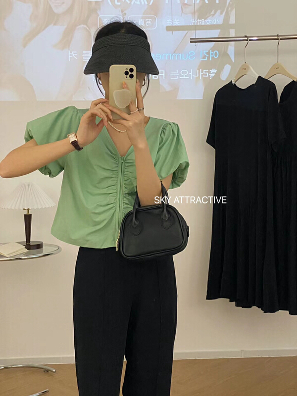 [sky] V-neck French pleated short sleeved shirt 19276# HBx