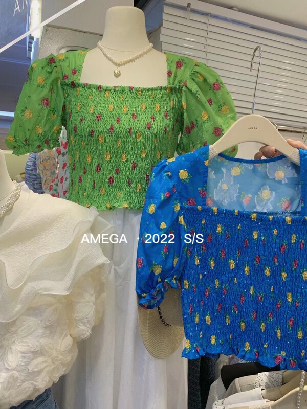 goods in stock! New in early summer! [amega] French Style Bubble Sleeve square neck blouse 6767# HBx
