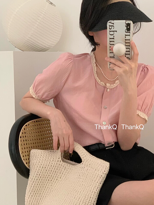 [thankq] stitched lace crew neck versatile blouse 6882# zjy