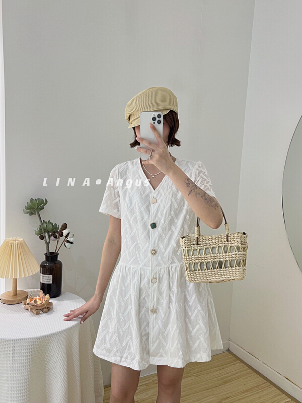 [Lina] small fragrance texture breasted slim dress 0152# hjy