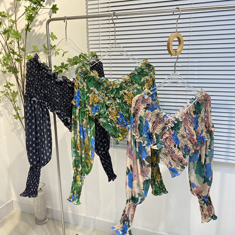 New in early summer! [Nancy] Vintage light mature wind color contrast broken flower elastic small shirt ys2-50# WPL