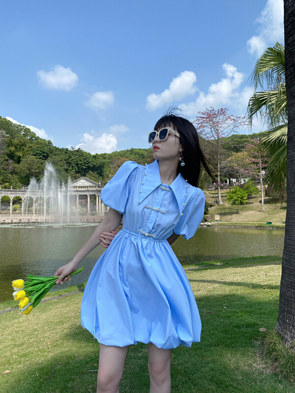goods in stock! New in early summer! [twins] doll collar single breasted heavy industry Beaded foreign style bubble sleeve dress 3081# hjy