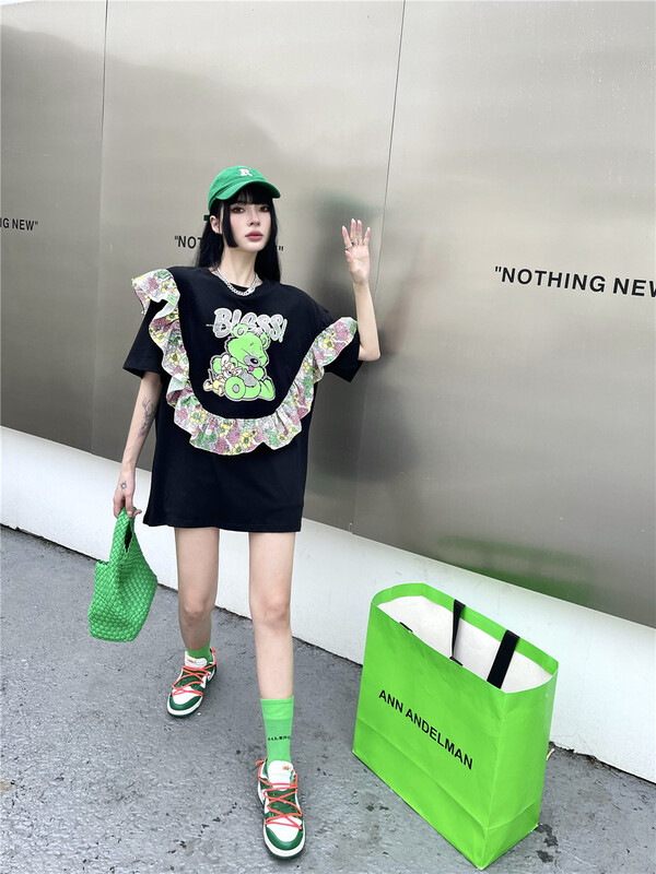 [3+2] Korean loose Ruffle cartoon nail bead short sleeve T-shirt 3237\wpl