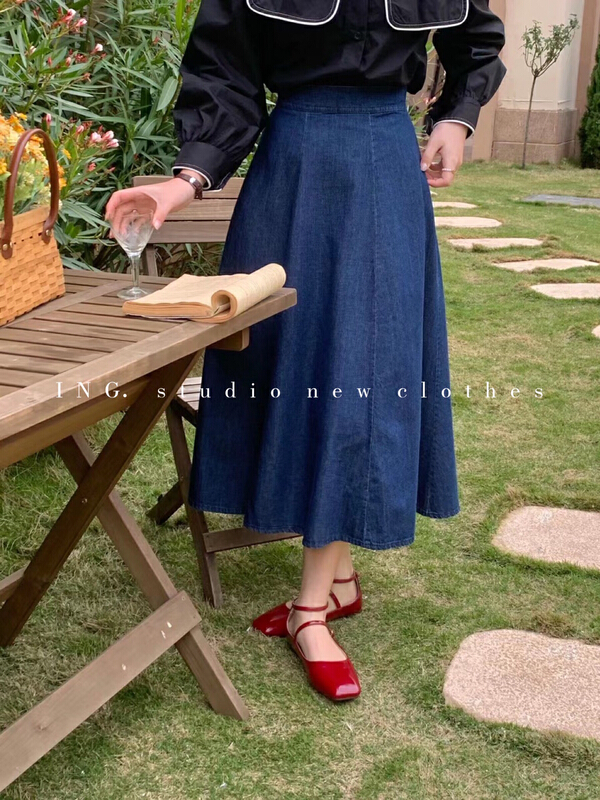 New year in early spring! [ing] simple, versatile, high waist, slim, A-line, big swing denim skirt 7555# ZSY