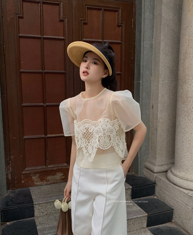 [neihe] gauze stitching thin bubble sleeve shirt 22231# zxx