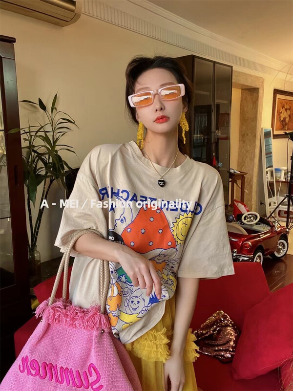 [A Mei Mei] pattern printed Pullover short sleeve T-shirt 22088# PCZ