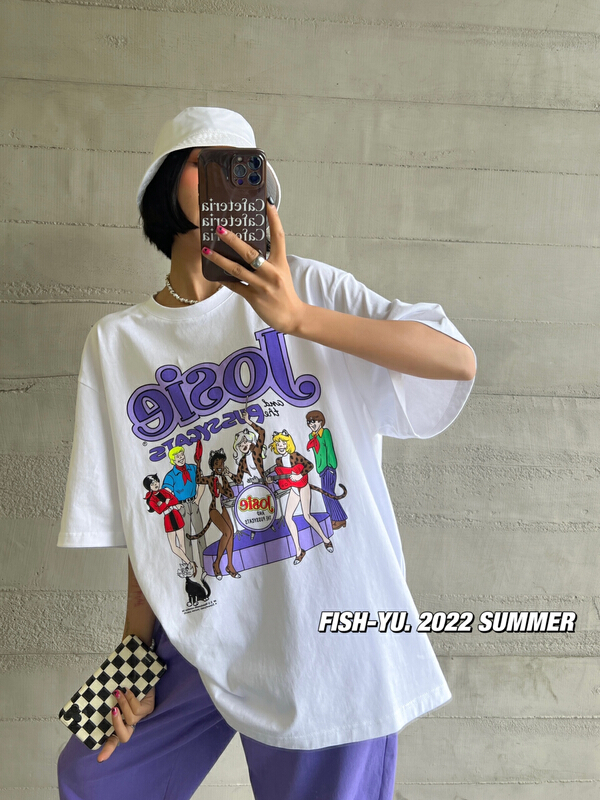 [fish Yu] cartoon character letter watermark backless design Short Sleeve T-shirt 22158# LSL