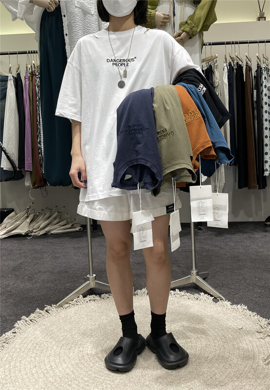 [hnhl original] letter hollowed out comfortable short sleeve T-shirt 17899# L