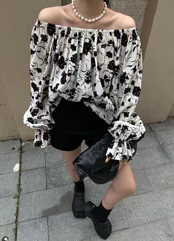 [mi ni] Vintage printed one neck loose shirt 2801# PCZ