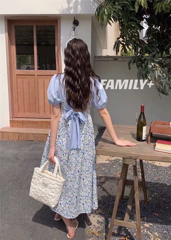 New in early summer! [family +] Korean lady embossed broken flower bow fake two-piece dress 22368# ozq