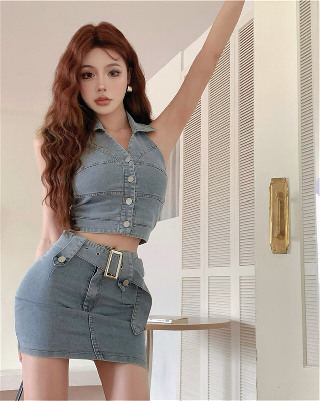 [DS +] hot girl denim button up short sleeved blouse + Korean slim wrap hip denim skirt set ys1-3176# JJ