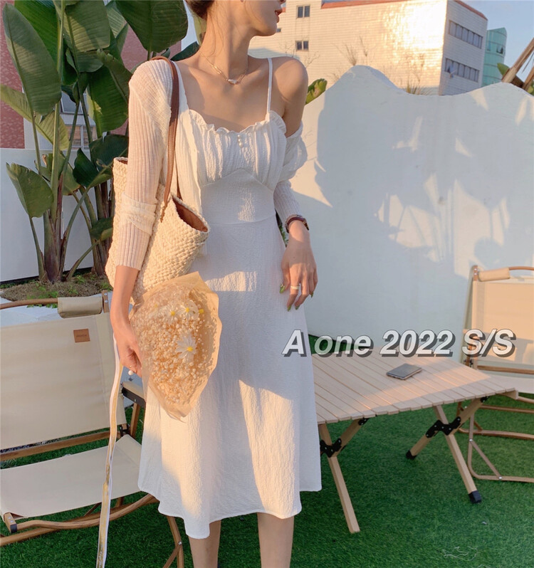 goods in stock! New year in early spring! [A-One] simple, slim and slim shirt + medium and long dress with ear strap Korean little woman suit 5501# hjy