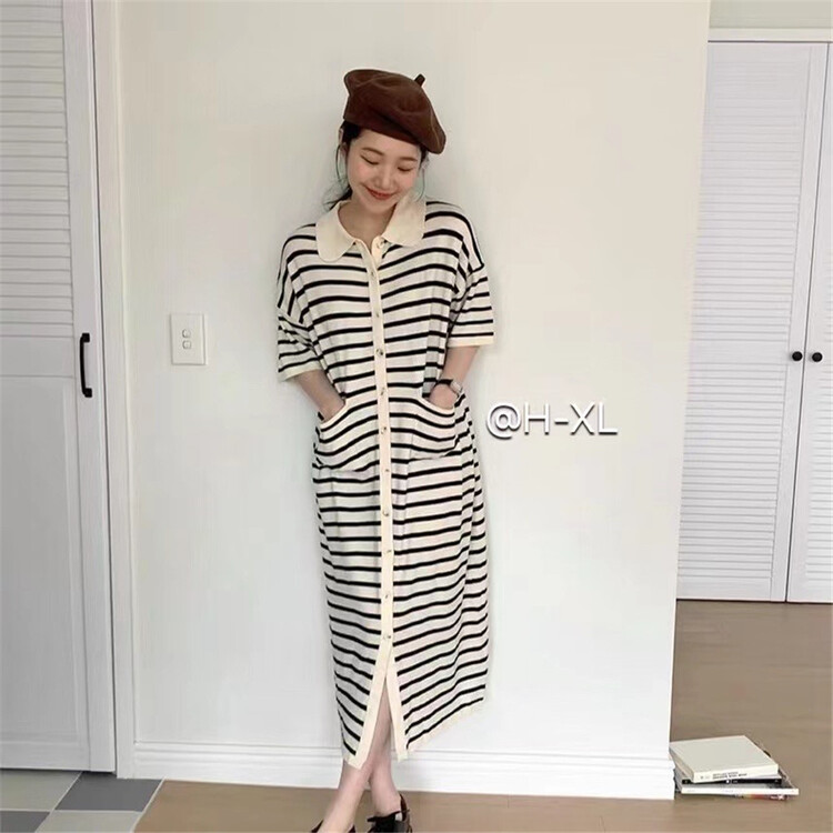Stock! In early summer! [h-xl] simple polo collar stripe single breasted long dress m3025\xyy