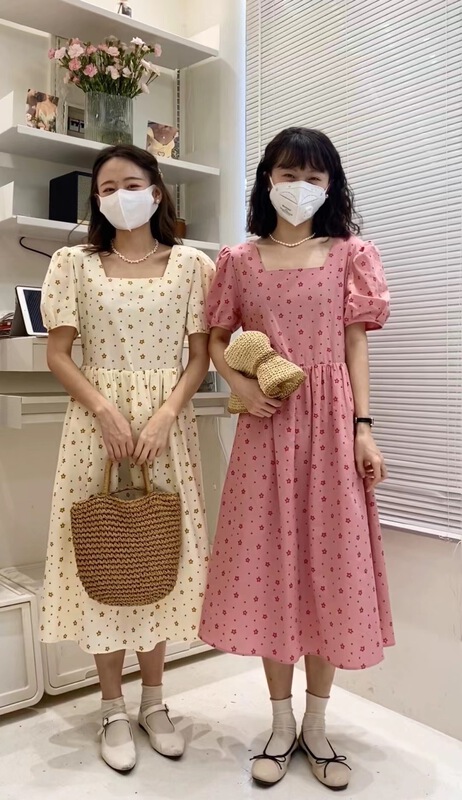 [c.hfeiyang] square neckline waist slim print dress 6788# HBx