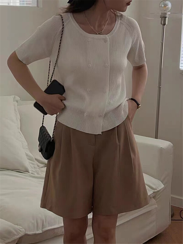 [td] large U-neck double breasted short sleeved sweater 2265# XJ