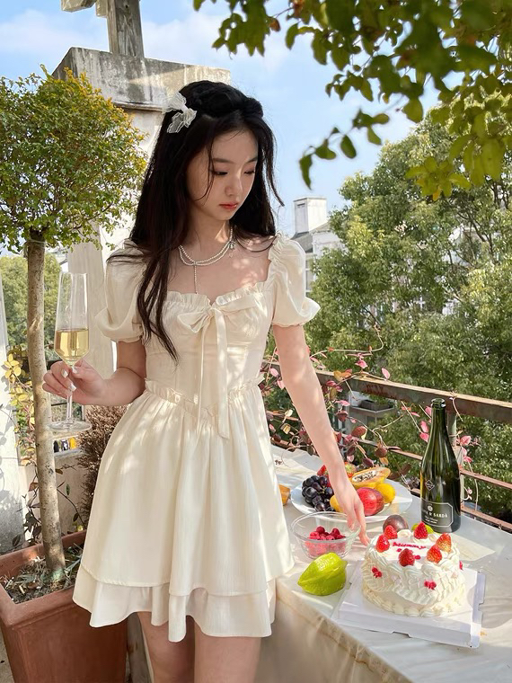 [w design] French retro girl's square neck wood ear bow dress 81111# WPL