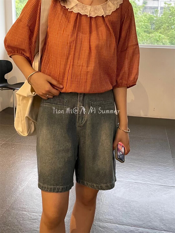 [Tian MI] gradient high waist comfortable denim shorts 88213-1# L