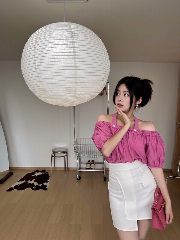 [Cr] heart machine clavicle off shoulder short shirt 6132# PCZ