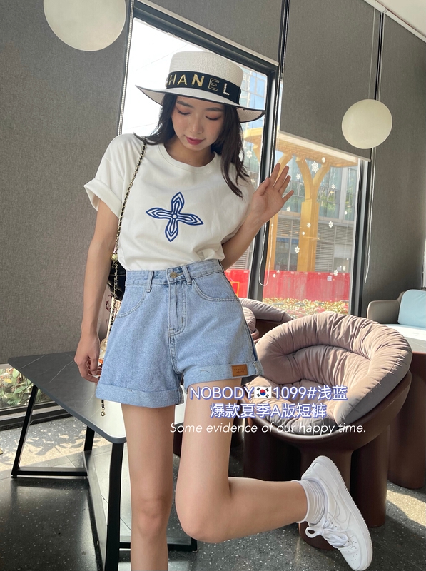 New in early summer! [pour one] personalized crimping label version a denim shorts f1099# L