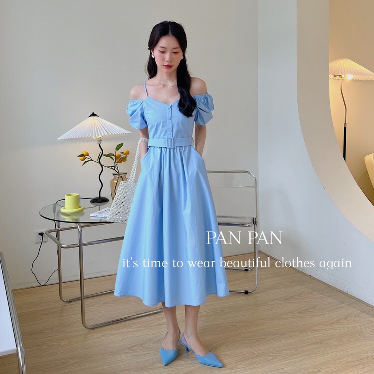 [Panpan] French Style Bubble Sleeve Dress (with belt) 5002# cqw