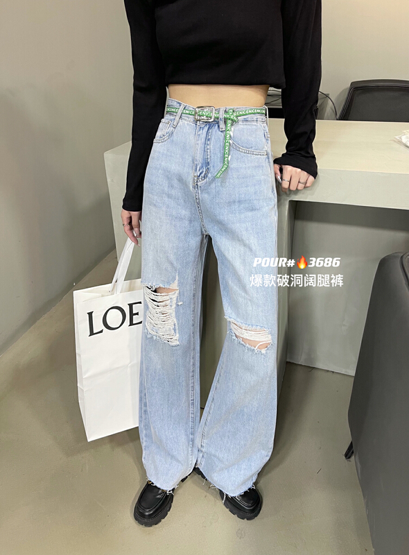 New in early summer! [pour one] Korean fashion pierced washed jeans (with belt) p3686# L