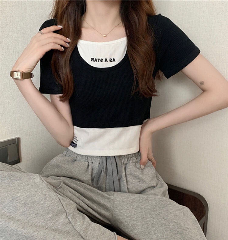 [Fanfan] fashion color matching fake two short sleeve T-shirt 5757# JJ