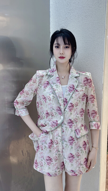 【MI2】翻領印花氣質西裝+時髦休閒短褲套裝  B6290#  JJ