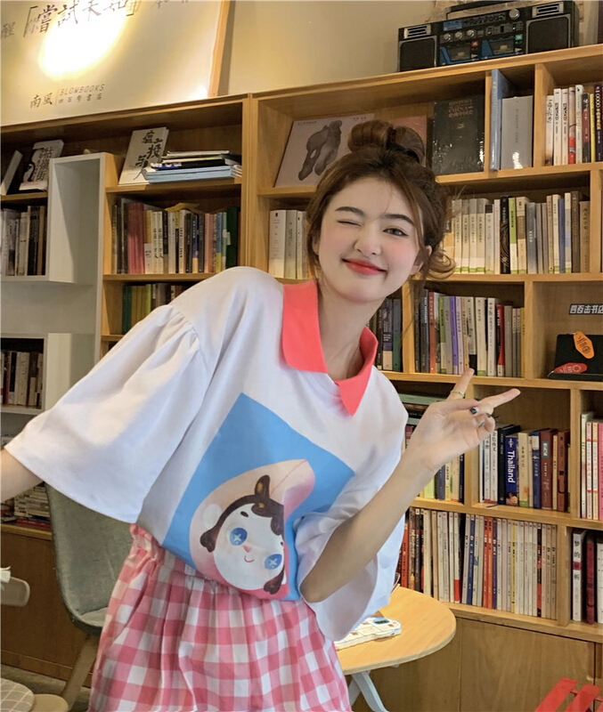 [timely rain] Han Feng ins sweet aging fun printed cartoon contrast color doll collar loose bubble sleeve short sleeve T-shirt 0409# WPL