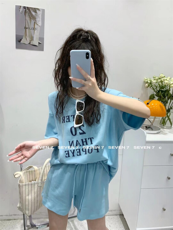 [seven 7] Korean alphabet printed short sleeve T-shirt + casual and versatile Shorts Set 8183# WTT
