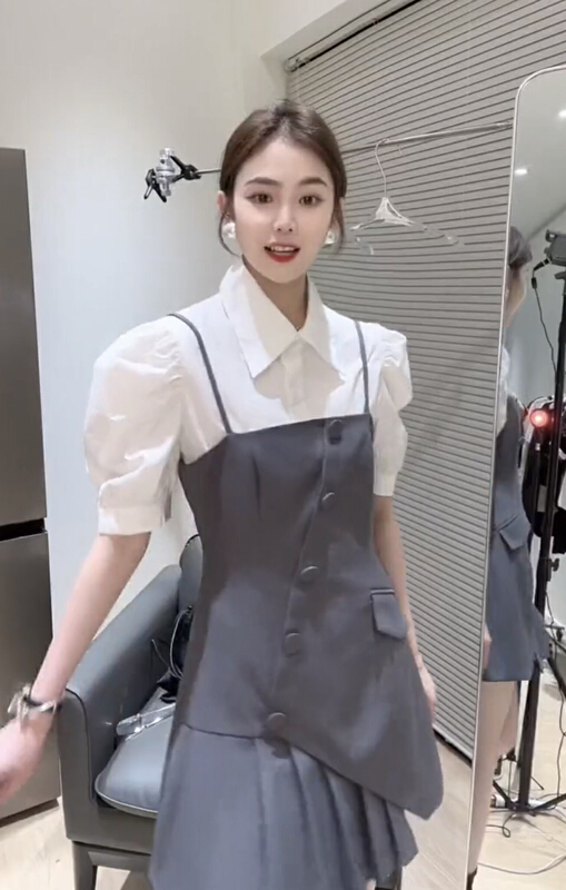 New in early summer! [JH] Korean version bubble sleeve shirt + waist drawstring skirt two piece suit 41390# PCZ