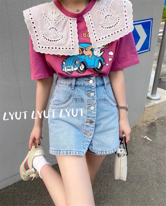 New in early summer! [Naikan Nik] Korean print Navy collar lace design Short Sleeve T-shirt 9555# lwy