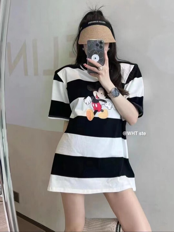 [w +] stripe Mickey print short sleeve T-shirt 3226# WTT