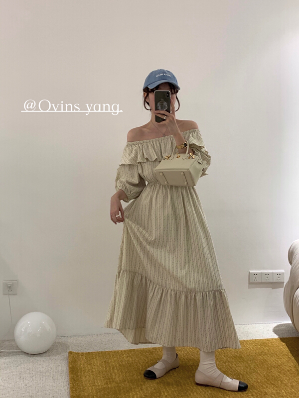 goods in stock! [ovinsyang] temperament Lantern Sleeve off shoulder dress 8731# WTT