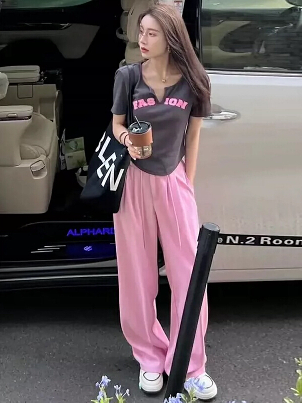 New in early summer! [Kiki studio] Korean alphabet short sleeve T-shirt + loose and thin wide leg trousers set 5724# hjy